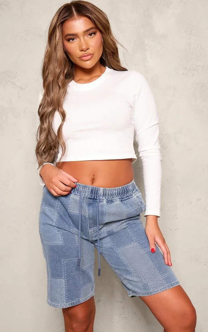 Mid Blue Wash Textured Longline Denim Shorts