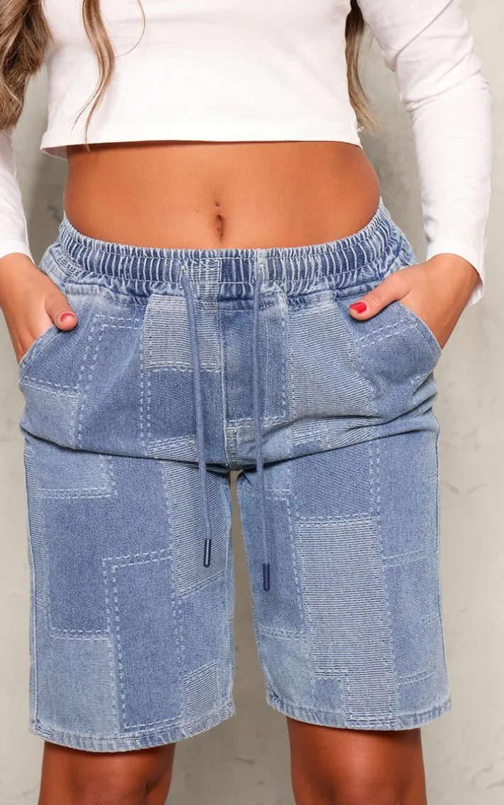 Mid Blue Wash Textured Longline Denim Shorts