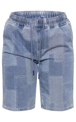Mid Blue Wash Textured Longline Denim Shorts