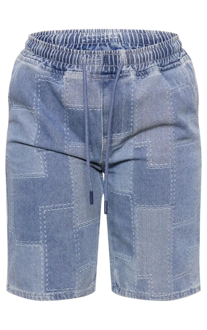 Mid Blue Wash Textured Longline Denim Shorts