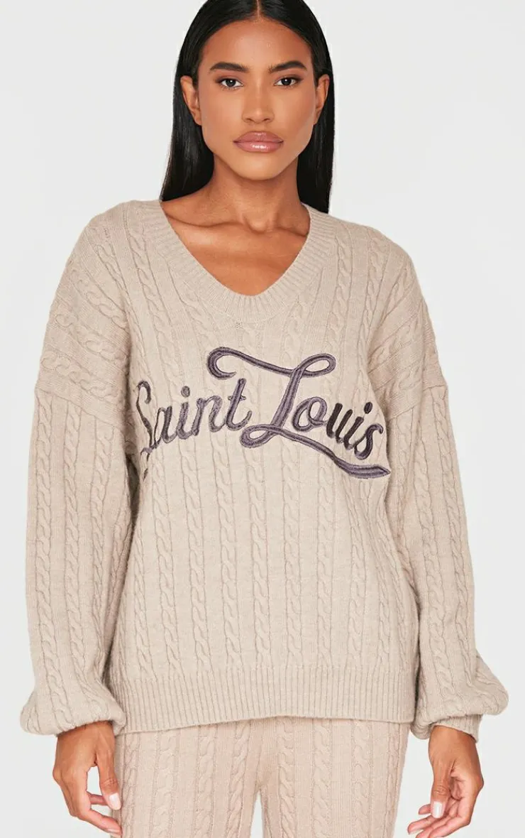 PrettyLittleThing Sweaters*Cable Knit Embroidered V Neck Sweater