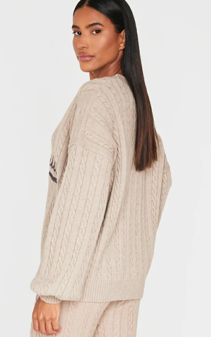 PrettyLittleThing Sweaters*Cable Knit Embroidered V Neck Sweater