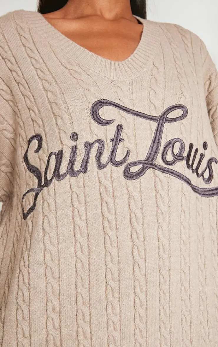 PrettyLittleThing Sweaters*Cable Knit Embroidered V Neck Sweater
