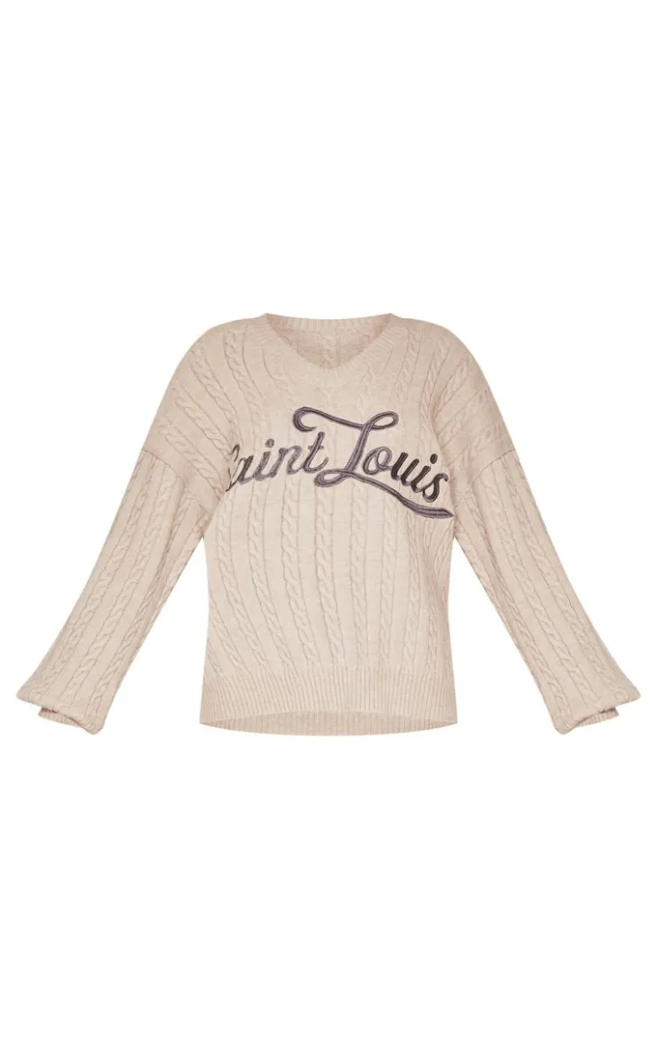 PrettyLittleThing Sweaters*Cable Knit Embroidered V Neck Sweater