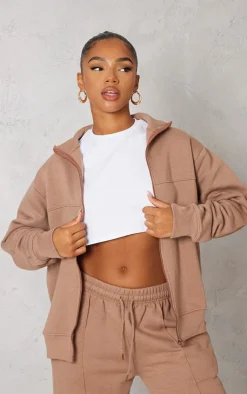 PrettyLittleThing Seam Detail Zip Track Top Mocha