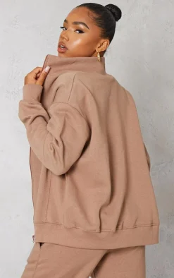 PrettyLittleThing Seam Detail Zip Track Top Mocha