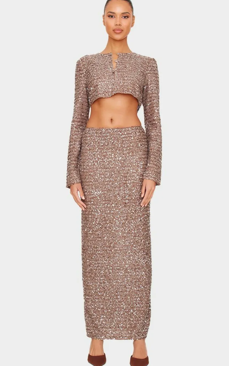 PrettyLittleThing Sequin Maxi Skirt Mocha