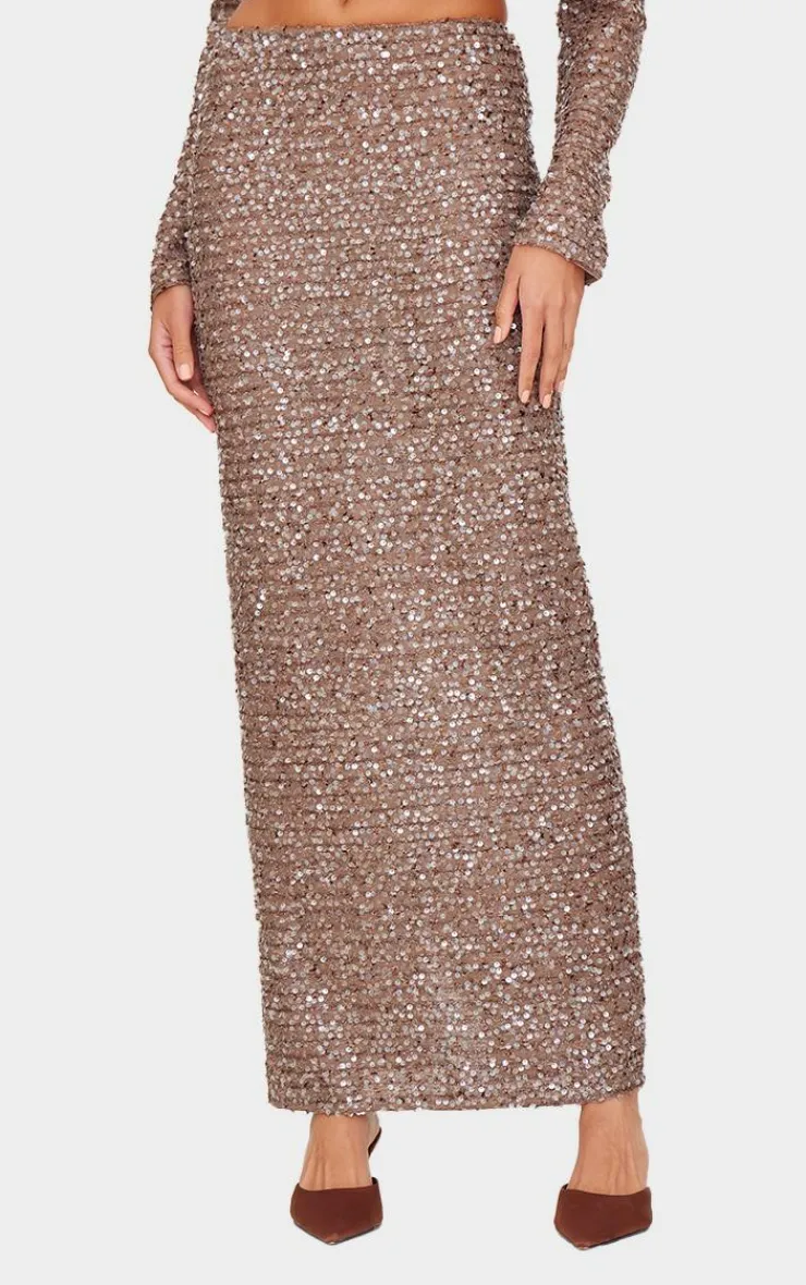 PrettyLittleThing Sequin Maxi Skirt Mocha