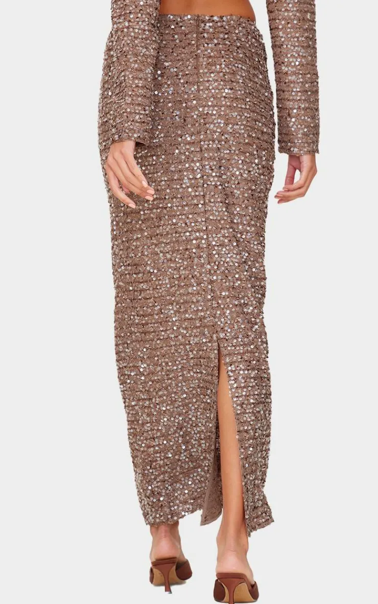 PrettyLittleThing Sequin Maxi Skirt Mocha