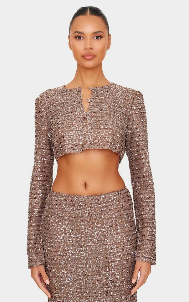 PrettyLittleThing Sequin Maxi Skirt Mocha