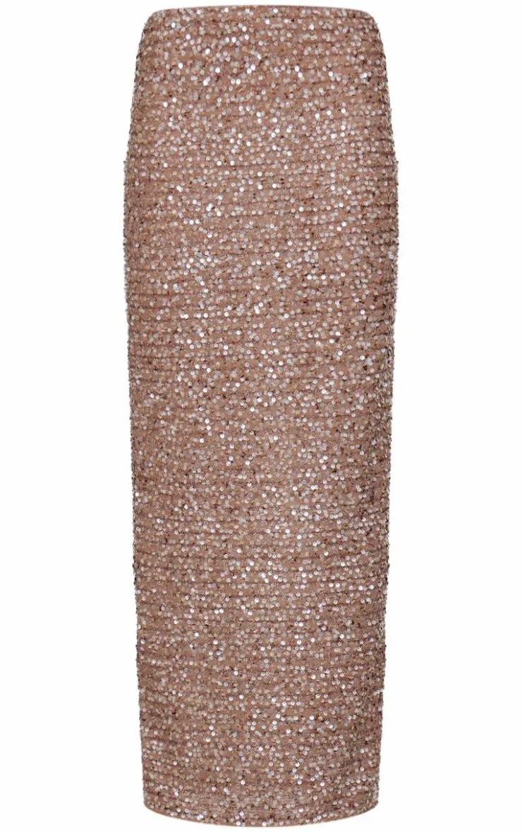 PrettyLittleThing Sequin Maxi Skirt Mocha