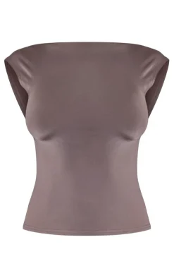 Discount PrettyLittleThing Slinky Open Back Cap Sleeve Longline Top Mocha