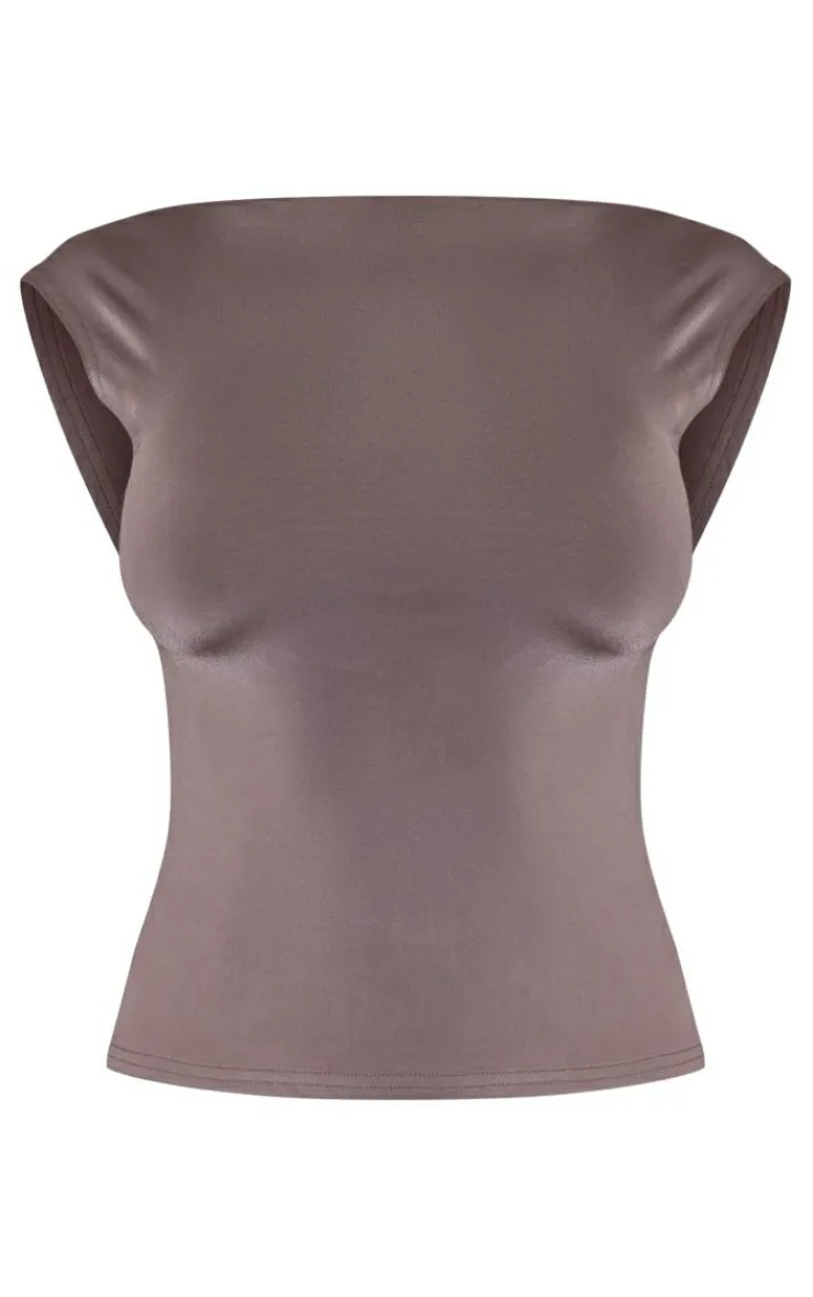Discount PrettyLittleThing Slinky Open Back Cap Sleeve Longline Top Mocha