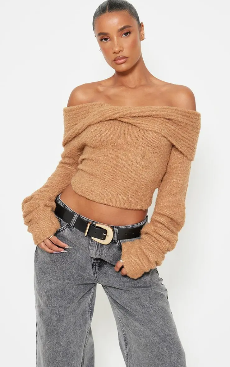 PrettyLittleThing Thanksgiving Outfits*Soft Bobble Knit Bardot Foldover Top