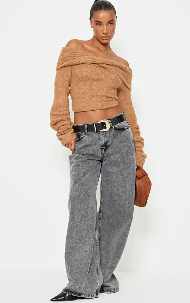 PrettyLittleThing Thanksgiving Outfits*Soft Bobble Knit Bardot Foldover Top