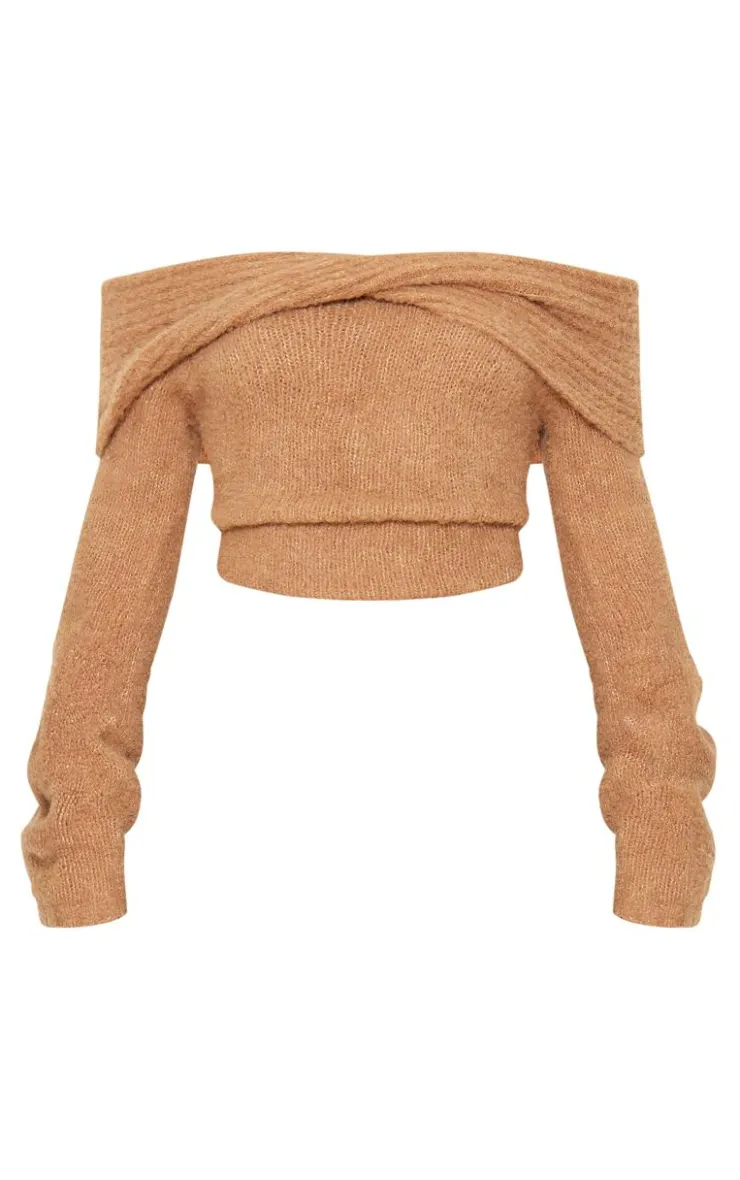 PrettyLittleThing Thanksgiving Outfits*Soft Bobble Knit Bardot Foldover Top