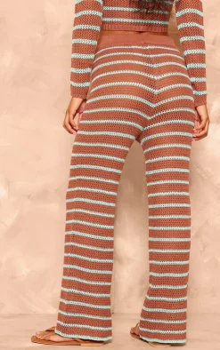 Discount PrettyLittleThing Stripe Crochet Knit Wide Leg Pants Mocha