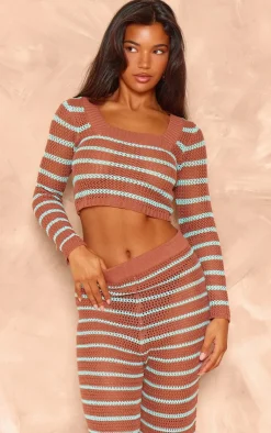 Discount PrettyLittleThing Stripe Crochet Knit Wide Leg Pants Mocha