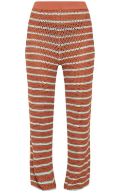 Discount PrettyLittleThing Stripe Crochet Knit Wide Leg Pants Mocha