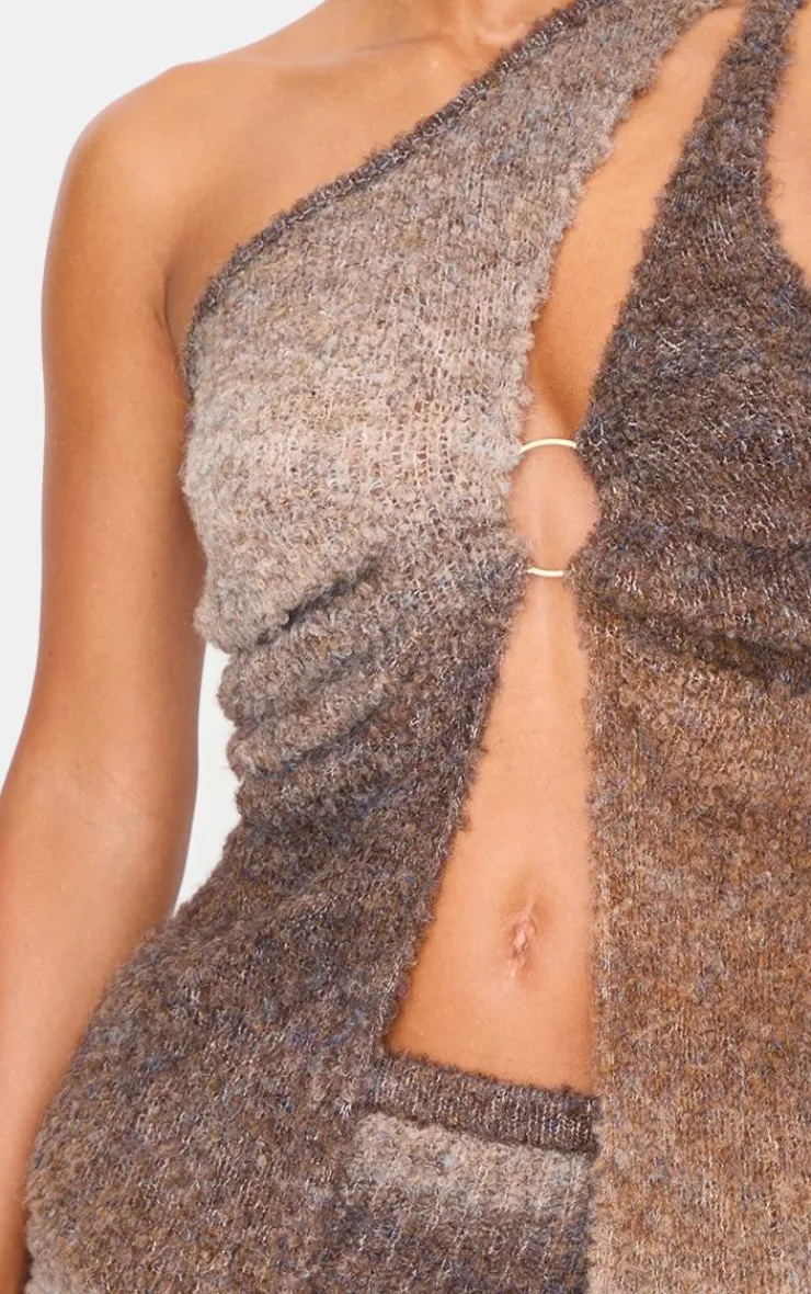 Best PrettyLittleThing Stripe Textured Knit O Ring Asymmetric Cut Out Top Mocha