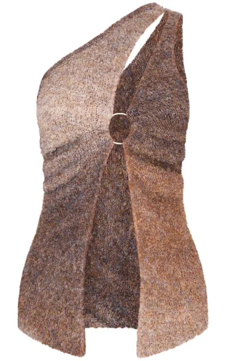Best PrettyLittleThing Stripe Textured Knit O Ring Asymmetric Cut Out Top Mocha