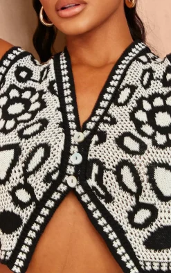 PrettyLittleThing Sleeveless Tops*Textured Crochet Knit Button Up Vest