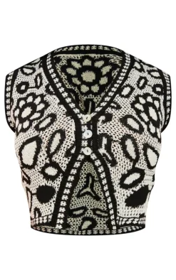 PrettyLittleThing Sleeveless Tops*Textured Crochet Knit Button Up Vest