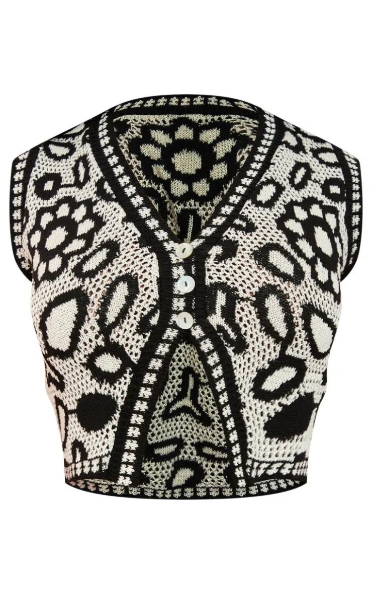 PrettyLittleThing Sleeveless Tops*Textured Crochet Knit Button Up Vest