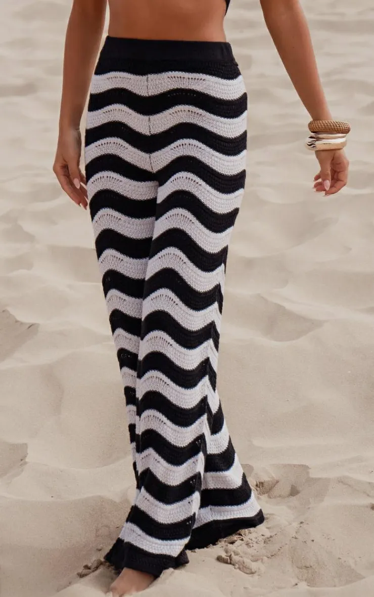 Sale PrettyLittleThing Wave Knit Wide Leg Pants Monochrome
