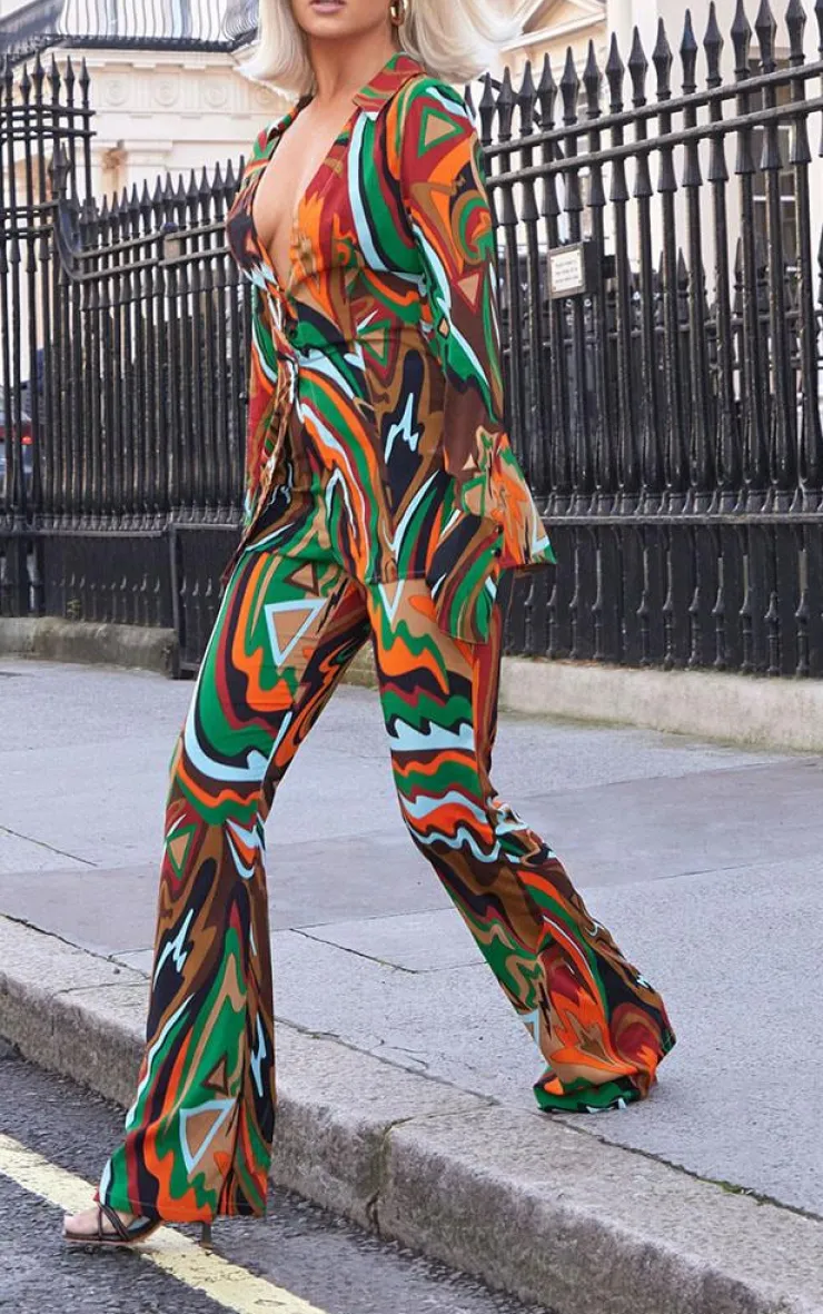 Outlet PrettyLittleThing Abstract Print Chiffon Flare Pants Multi