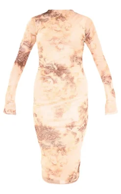 Abstract Ruched Mesh Long Sleeve Midi Dress-PrettyLittleThing Outlet