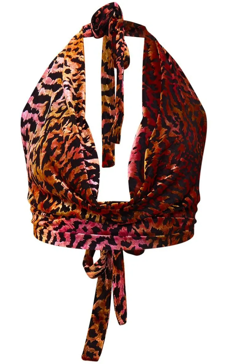 PrettyLittleThing Animal Print Devore Cowl Halterneck Crop Top Multi