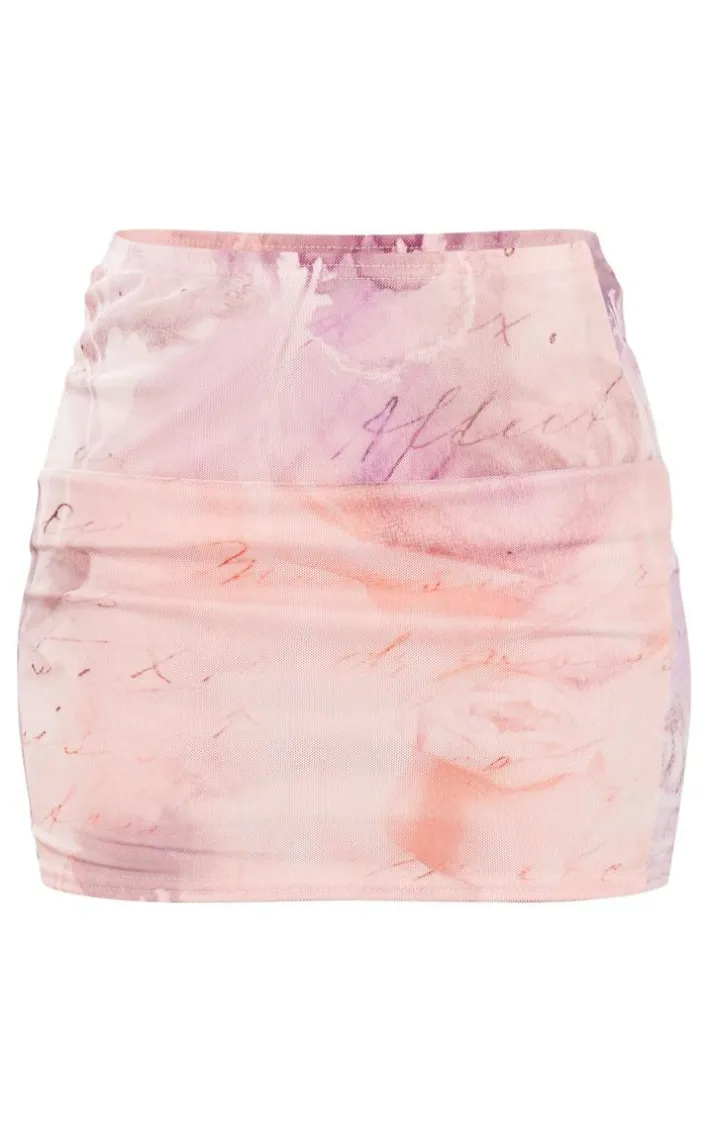 Multi Blurred Floral Lined Mesh Mini Skirt