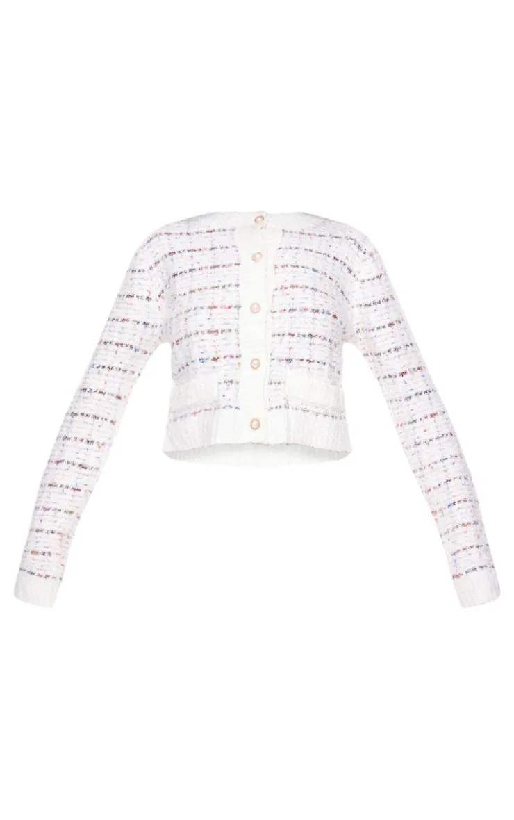 New PrettyLittleThing Contrast Boucle Knit Button Up Cardigan Multi