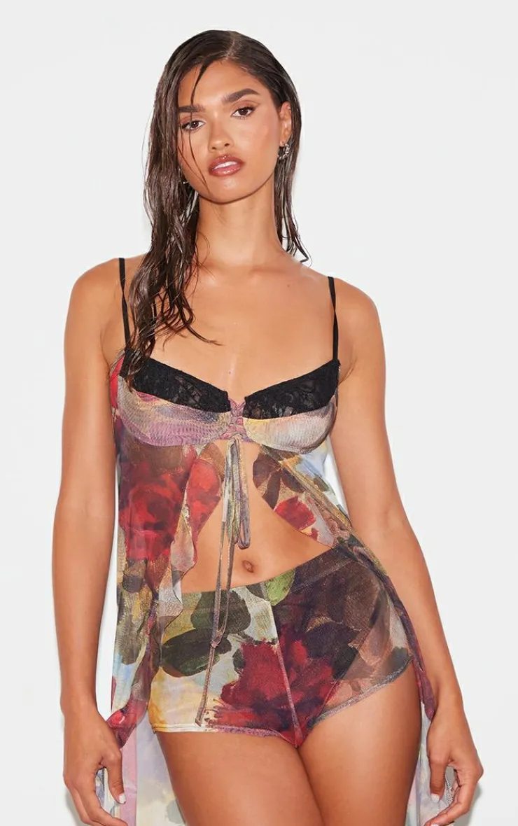 Best PrettyLittleThing Floral Printed Mesh Hot Pants Multi