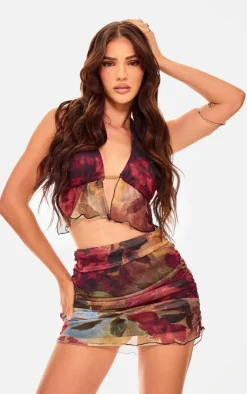Hot PrettyLittleThing Floral Printed Mesh Ruched Mini Skirt Multi