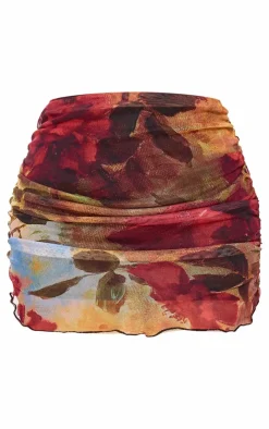 Hot PrettyLittleThing Floral Printed Mesh Ruched Mini Skirt Multi