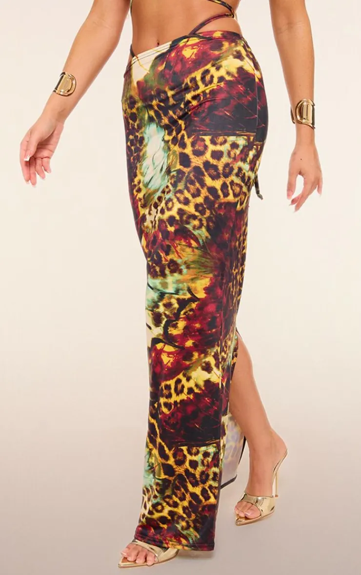 PrettyLittleThing Leopard Print Slinky Tie Maxi Skirt Multi