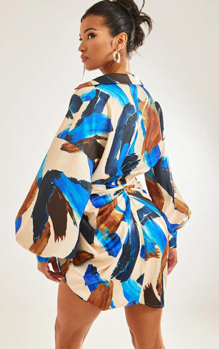 Paint Print Satin Drape Skirt Oversized Sleeve Shirt Dress-PrettyLittleThing Best