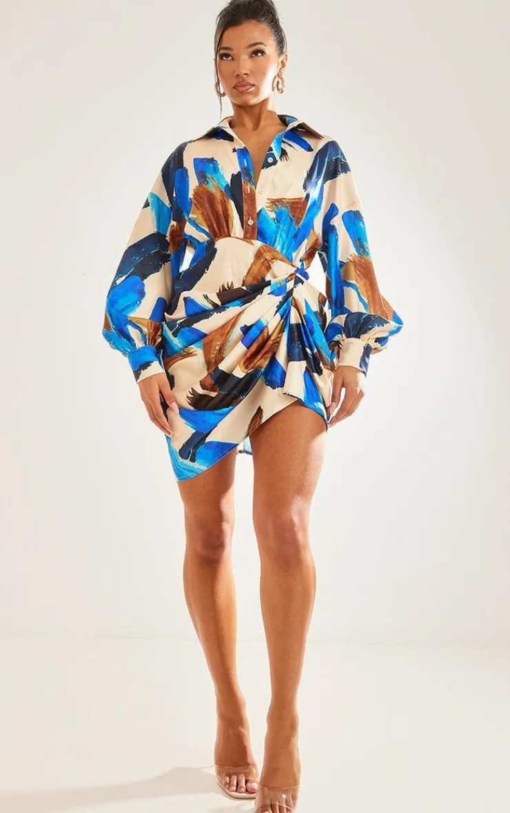 Paint Print Satin Drape Skirt Oversized Sleeve Shirt Dress-PrettyLittleThing Best