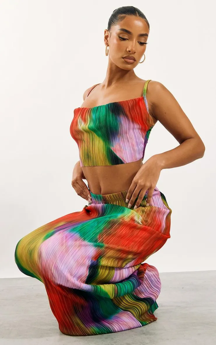 PrettyLittleThing Print Plisse Strappy Cowl Neck Top Multi