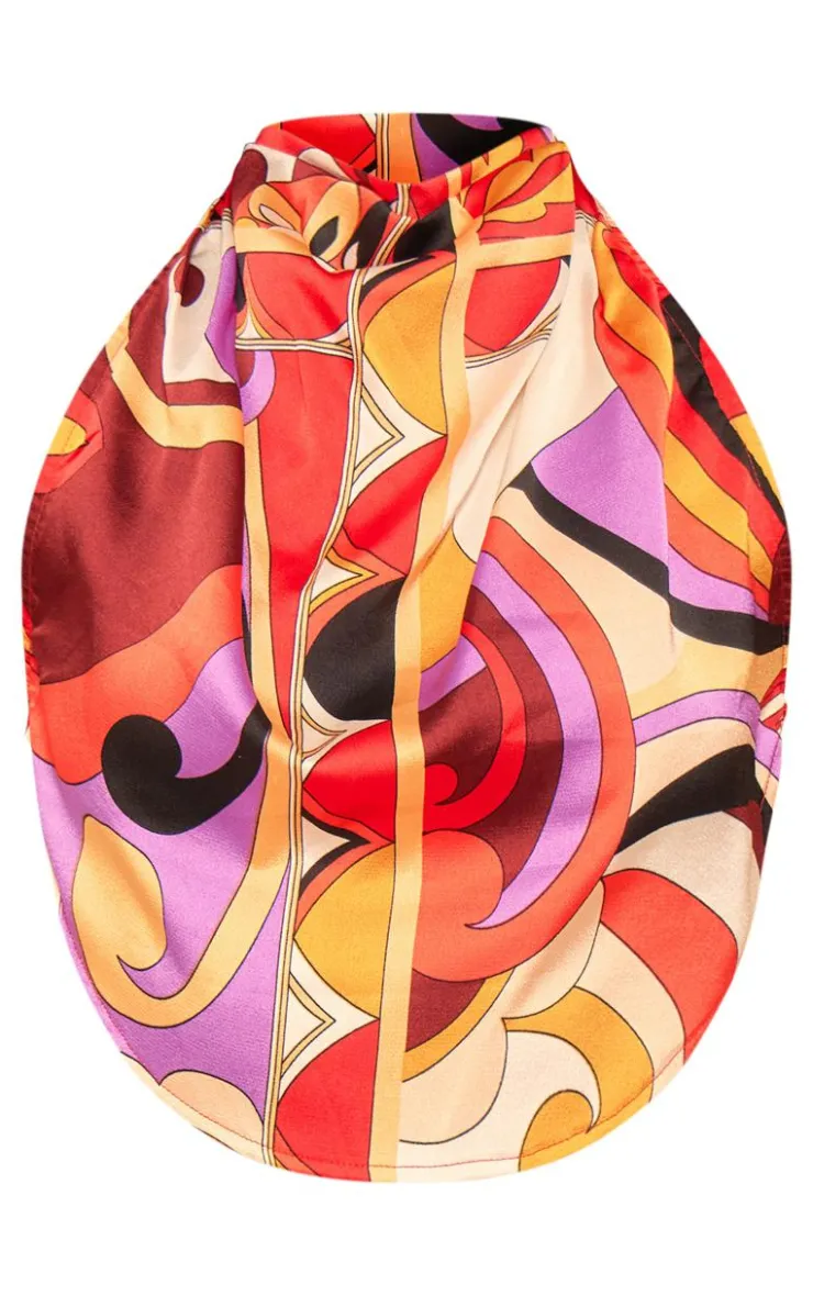 PrettyLittleThing Printed Satin Halterneck Crop Top Multi