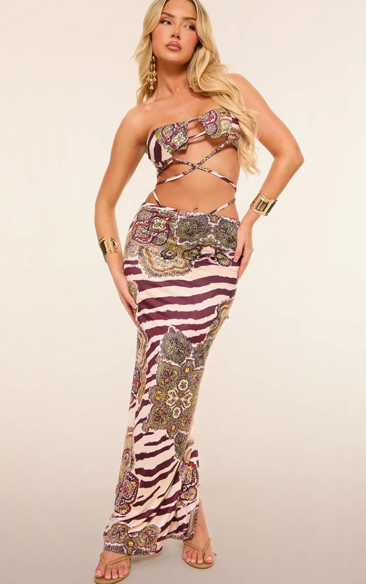 PrettyLittleThing Multi Zebra Paisley Print Slinky Tie Maxi Skirt Brown
