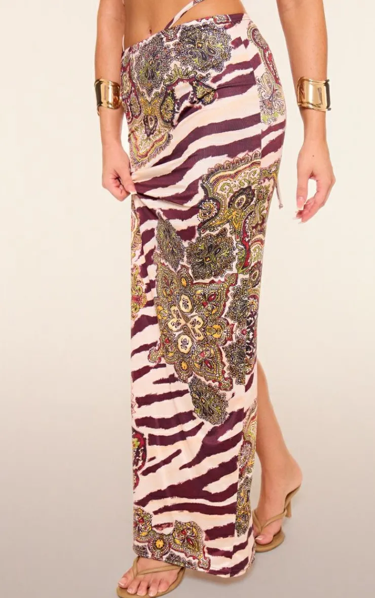 PrettyLittleThing Multi Zebra Paisley Print Slinky Tie Maxi Skirt Brown