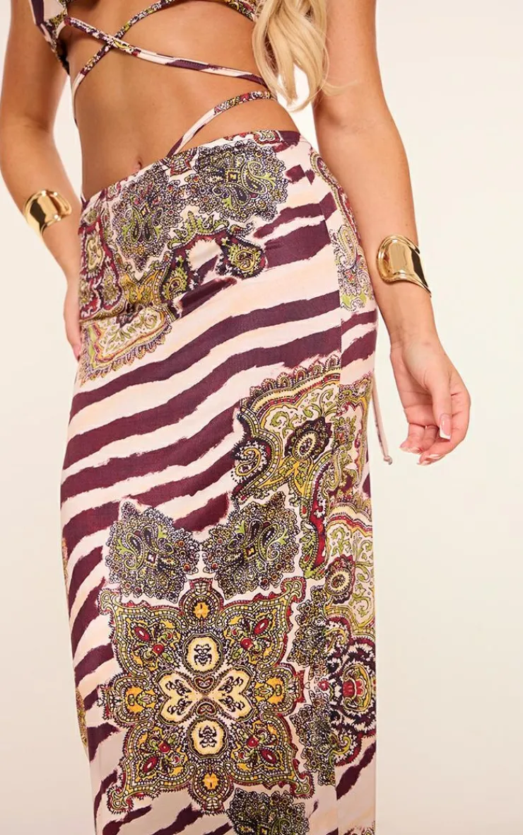 PrettyLittleThing Multi Zebra Paisley Print Slinky Tie Maxi Skirt Brown