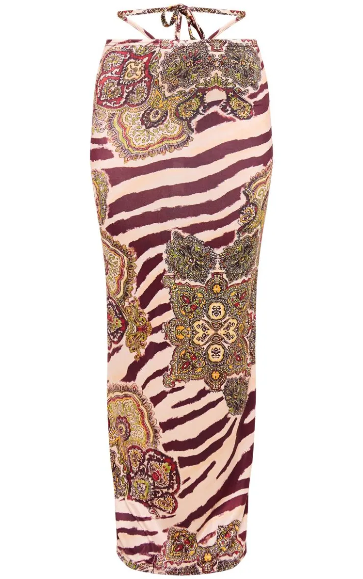 PrettyLittleThing Multi Zebra Paisley Print Slinky Tie Maxi Skirt Brown