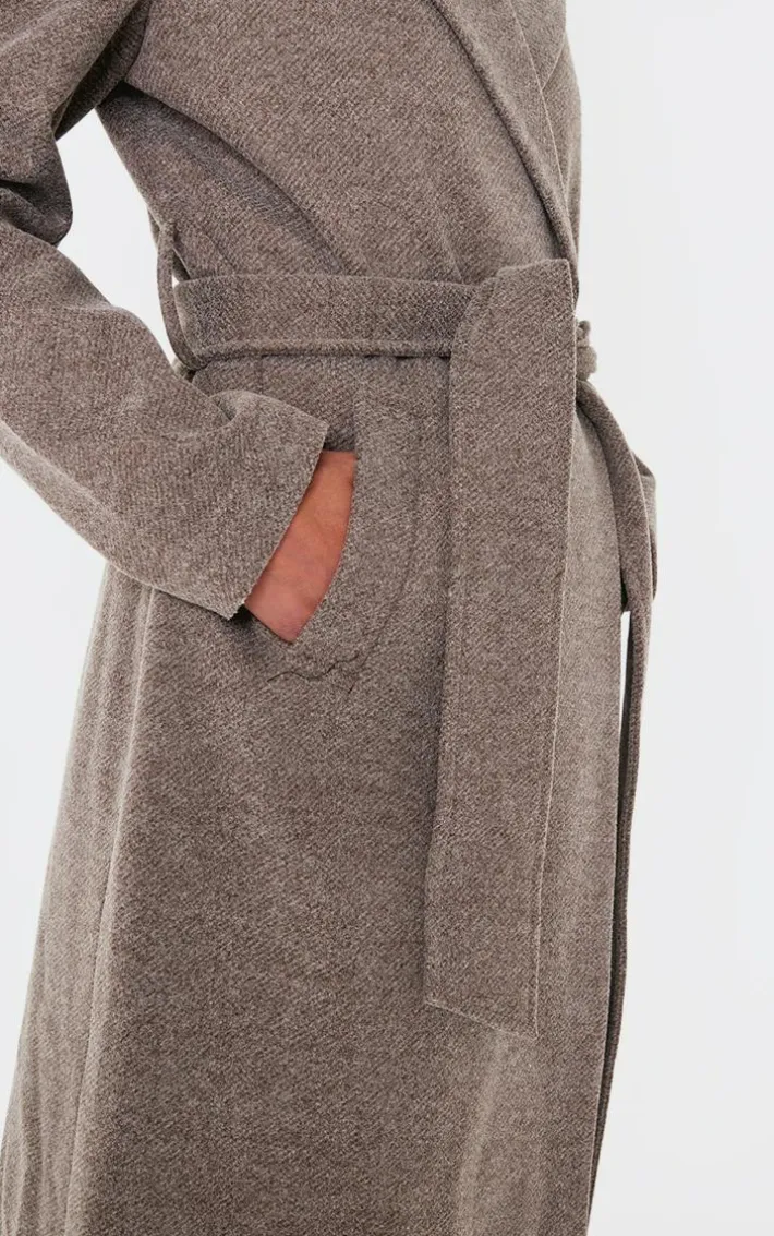 Mushroom Herringbone Self Tie Maxi Coat