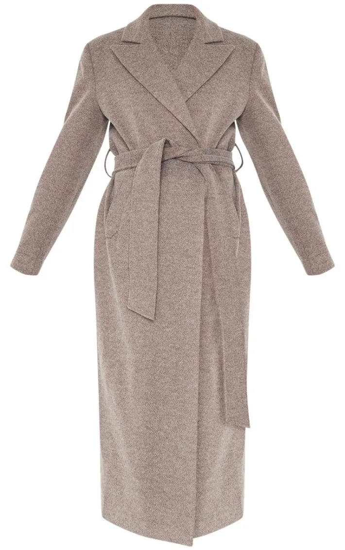 Mushroom Herringbone Self Tie Maxi Coat