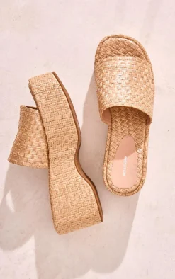 PrettyLittleThing Chunky Sandals*Natural Raffia Round Toe Strap Platform Sandals