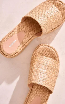 PrettyLittleThing Chunky Sandals*Natural Raffia Round Toe Strap Platform Sandals